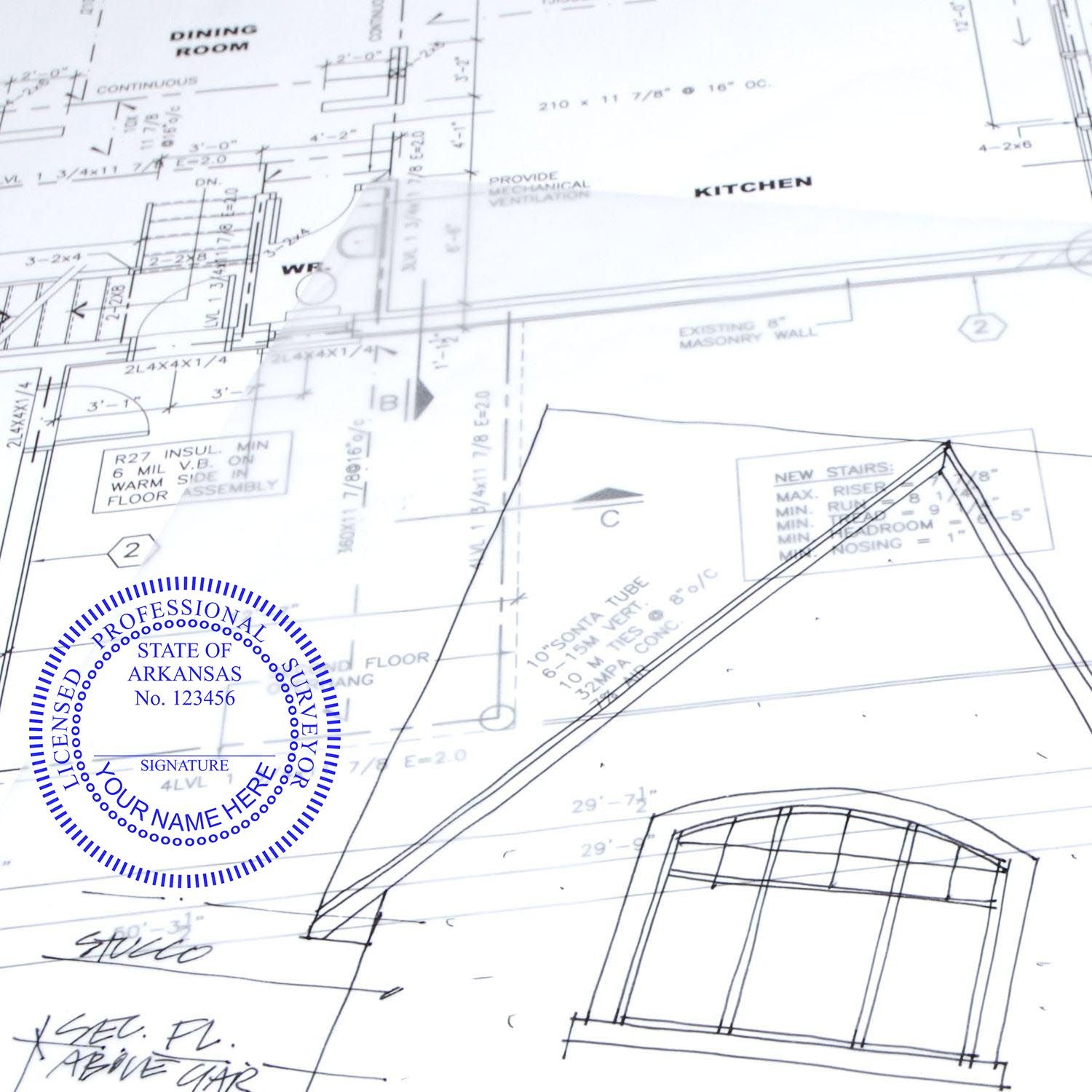 Blueprint with Digital Arkansas Land Surveyor Stamp, Electronic Seal for Arkansas Land Surveyor, featuring architectural drawings and seal.