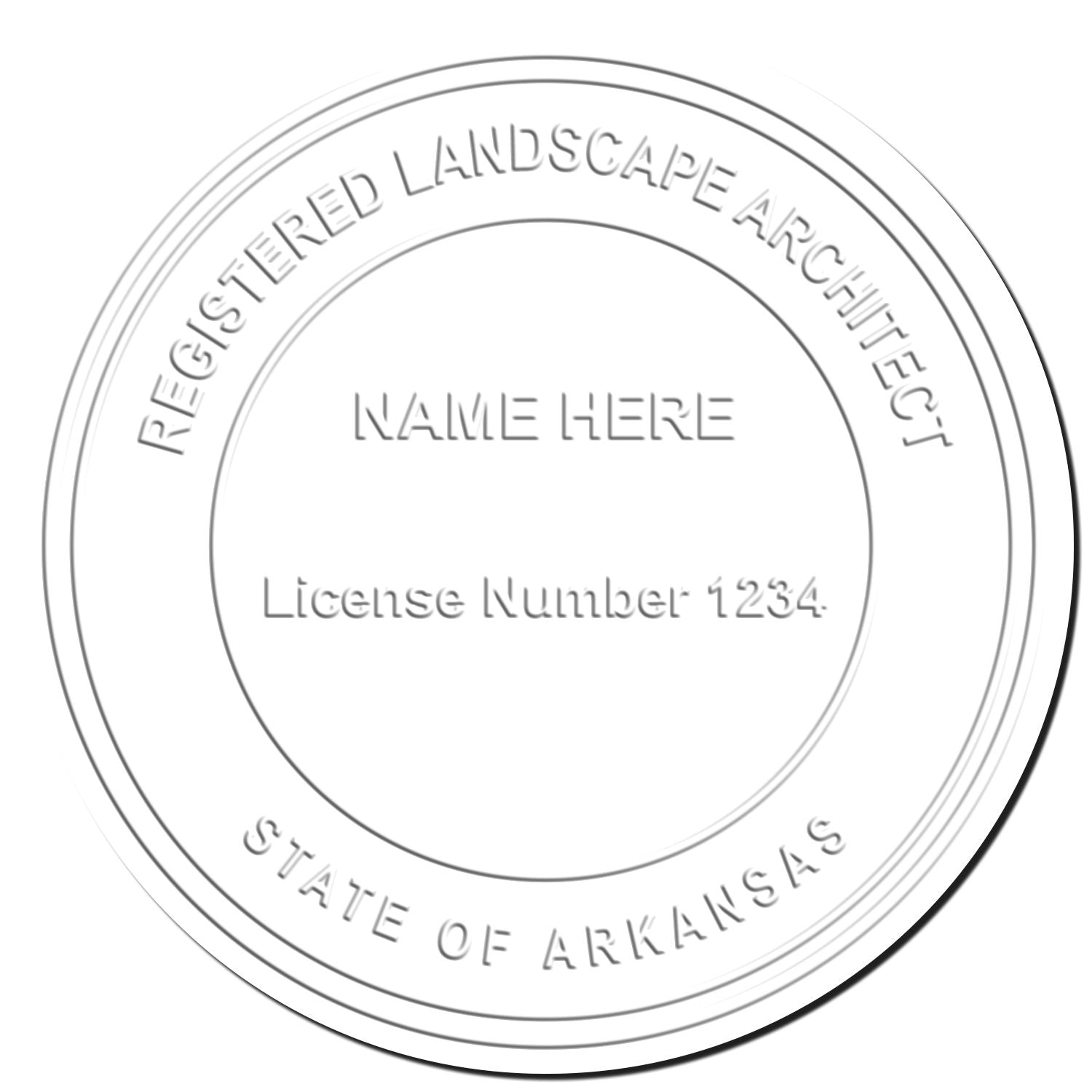 This paper is stamped with a sample imprint of the State of Arkansas Handheld Landscape Architect Seal, signifying its quality and reliability.