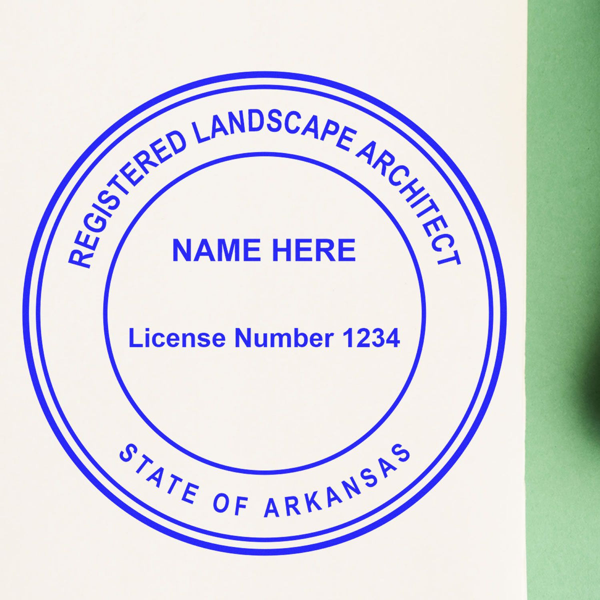 The Slim Pre-Inked Arkansas Landscape Architect Seal Stamp stamp impression comes to life with a crisp, detailed photo on paper - showcasing true professional quality.