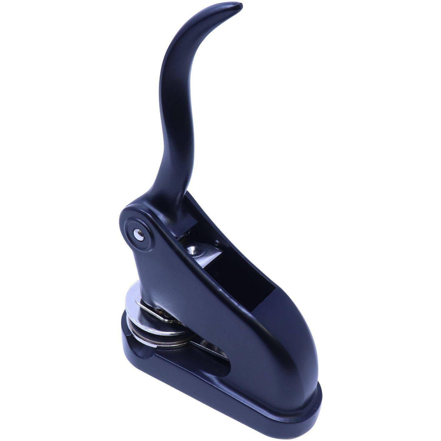 Interior Designer Black Gift Seal Embosser with a sleek, ergonomic handle and a 1-5/8 inch imprint, shown in an angled back-side view.