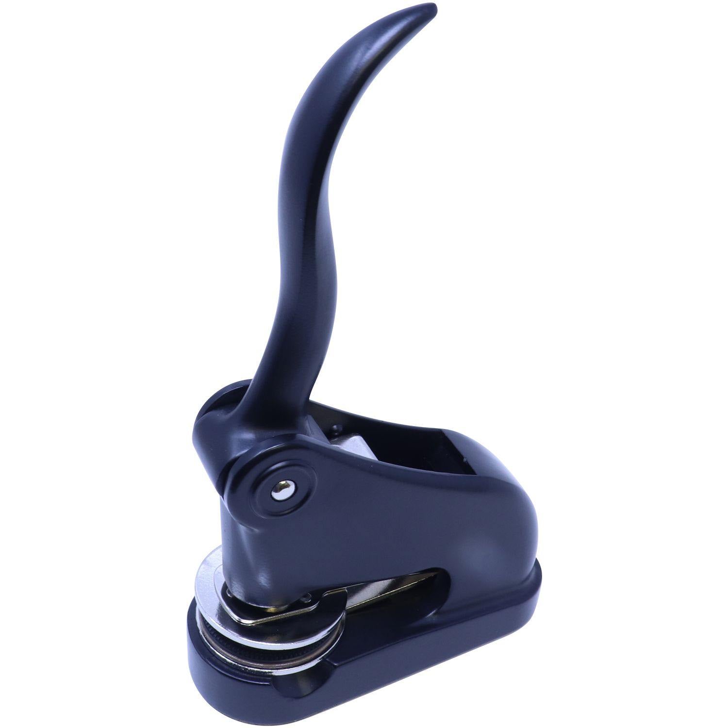 Public Weighmaster Black Gift Seal Embosser with a sleek, ergonomic handle and a 1-5/8 imprint, shown in an angled front view.