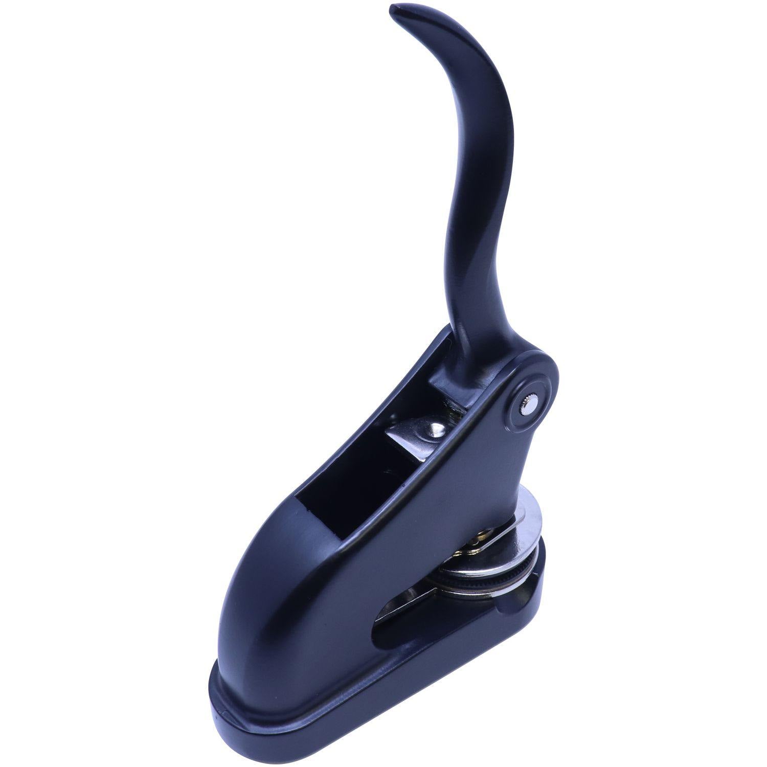 Interior Designer Black Gift Seal Embosser, angled right back view, showing sleek black design and ergonomic handle for easy embossing.