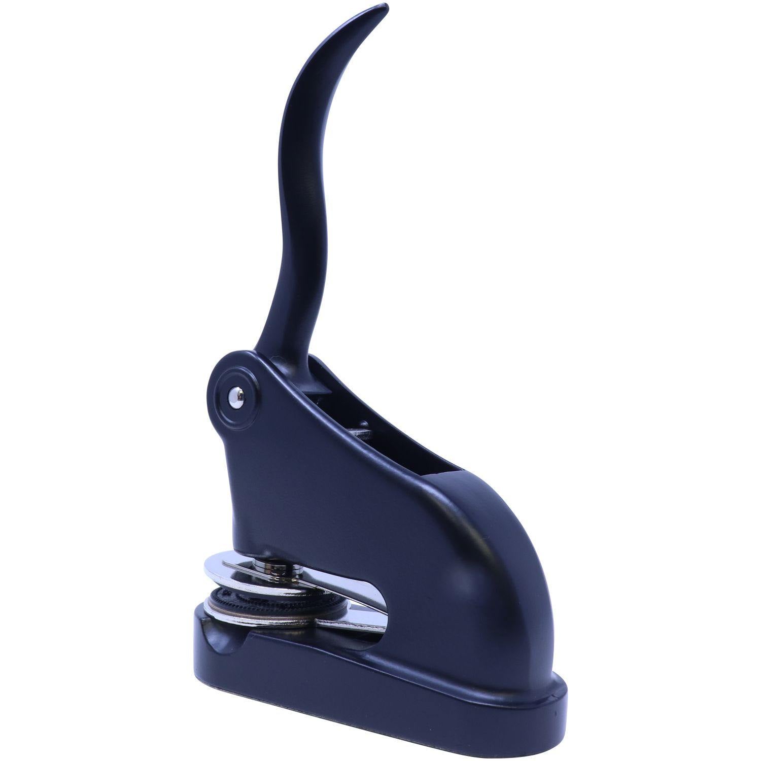 Interior Designer Black Gift Seal Embosser with a sleek, ergonomic design, shown in a side view with a raised handle ready for use.