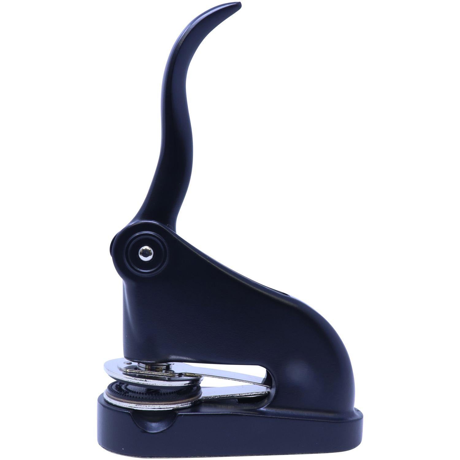 Real Estate Appraiser Black Gift Seal Embosser with a sleek black design, shown in a side view with a raised handle and metal embossing plate.