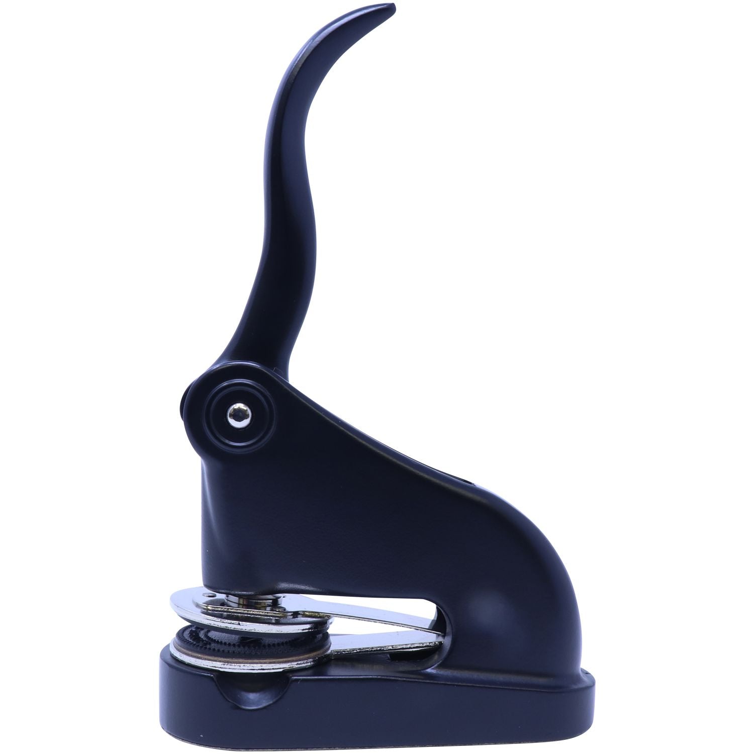 Black Gift Notary Seal Embosser with a sleek black design, side view showing the lever and embossing mechanism against a white background.