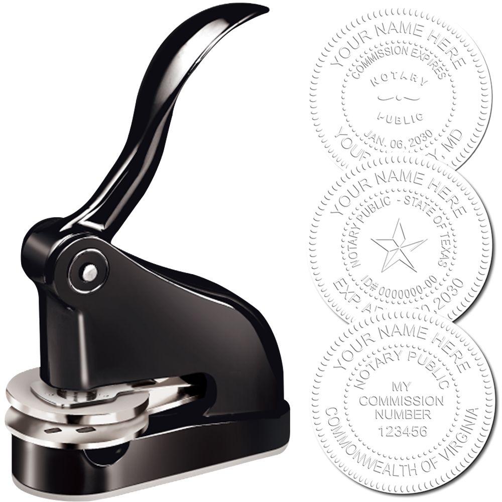 Black Gift Notary Seal Embosser with a sleek handle, shown with three sample embossed seals displaying customizable notary information.