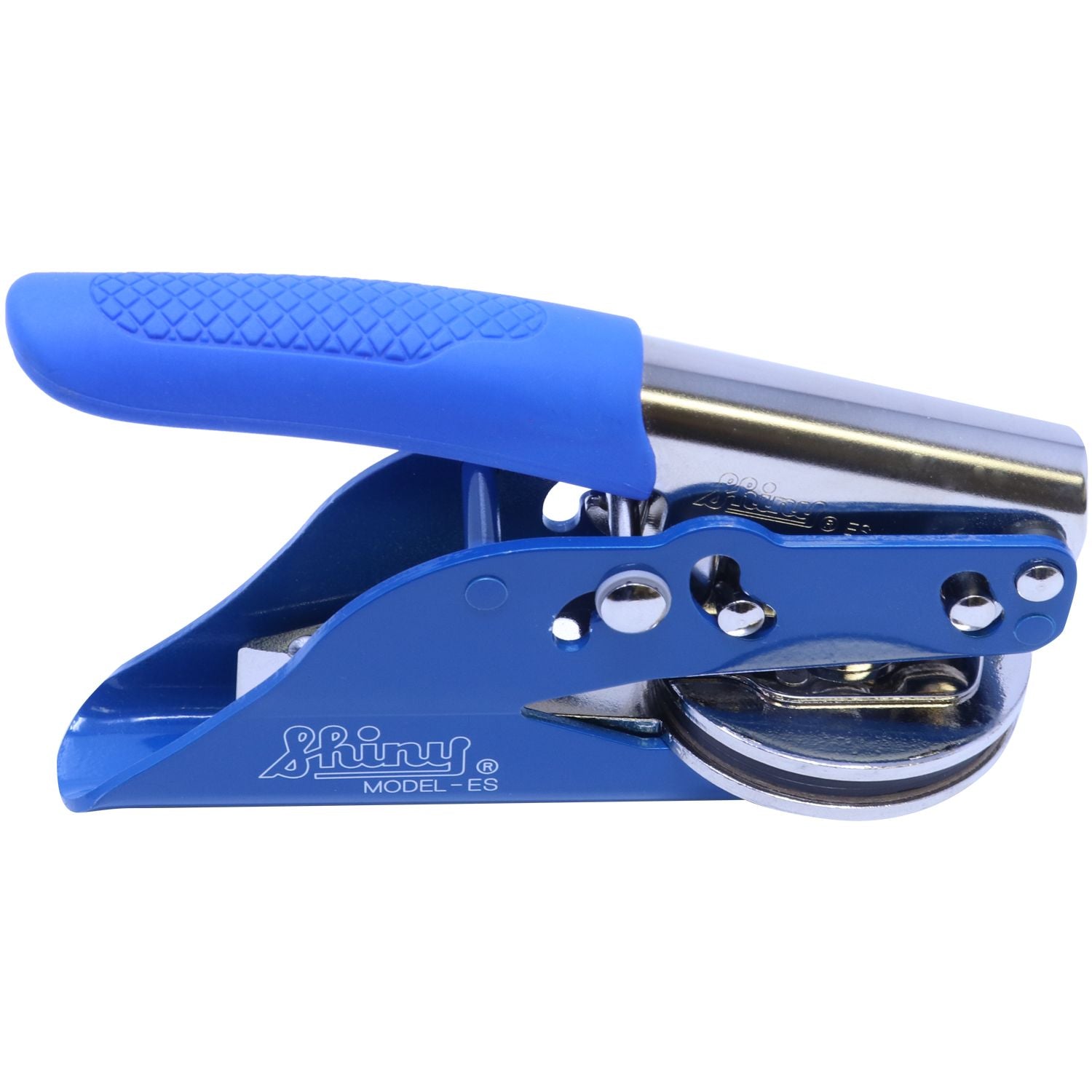 Blue Soft Handheld Notary Seal Embosser with a blue handle and metal components, angled side view showing the Shiny Model ES imprint.