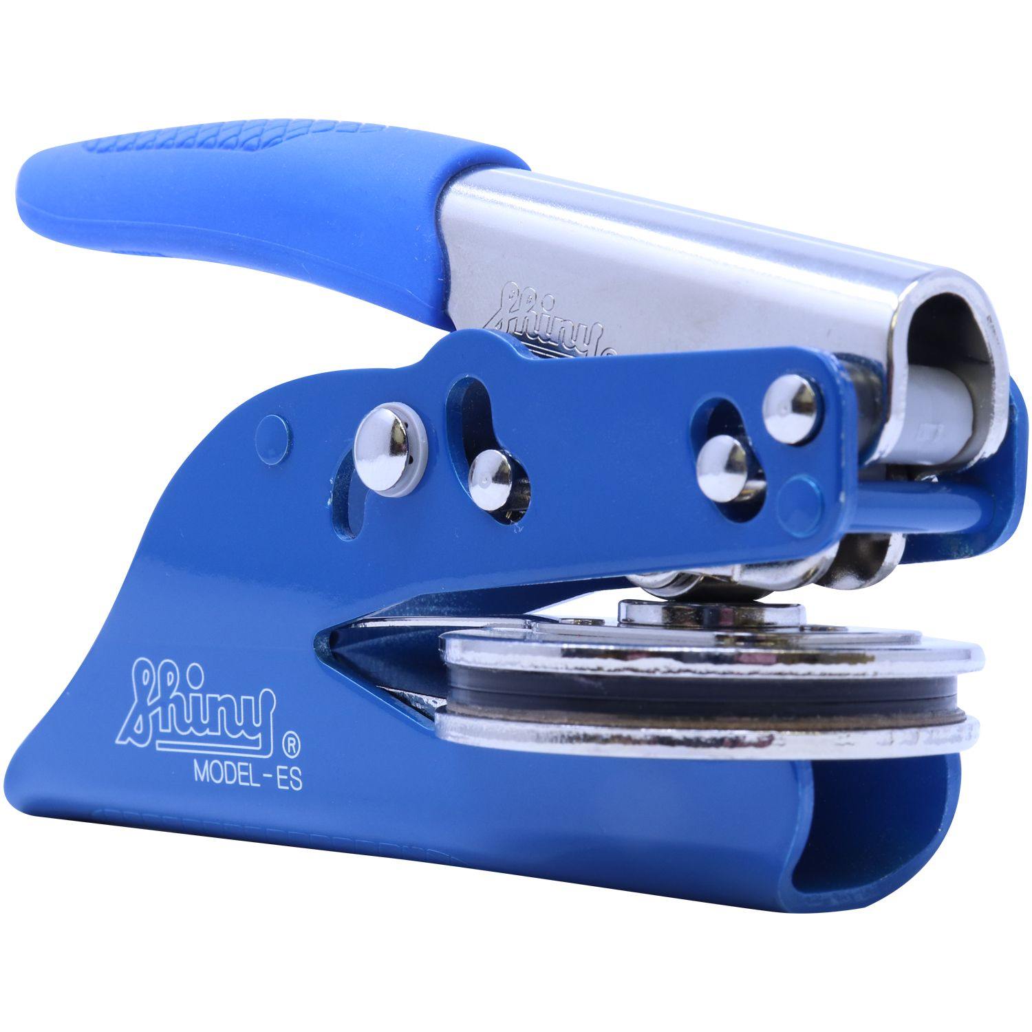 Real Estate Appraiser Blue Soft Seal Embosser, side view, with a blue handle and metal components, designed for imprinting seals.