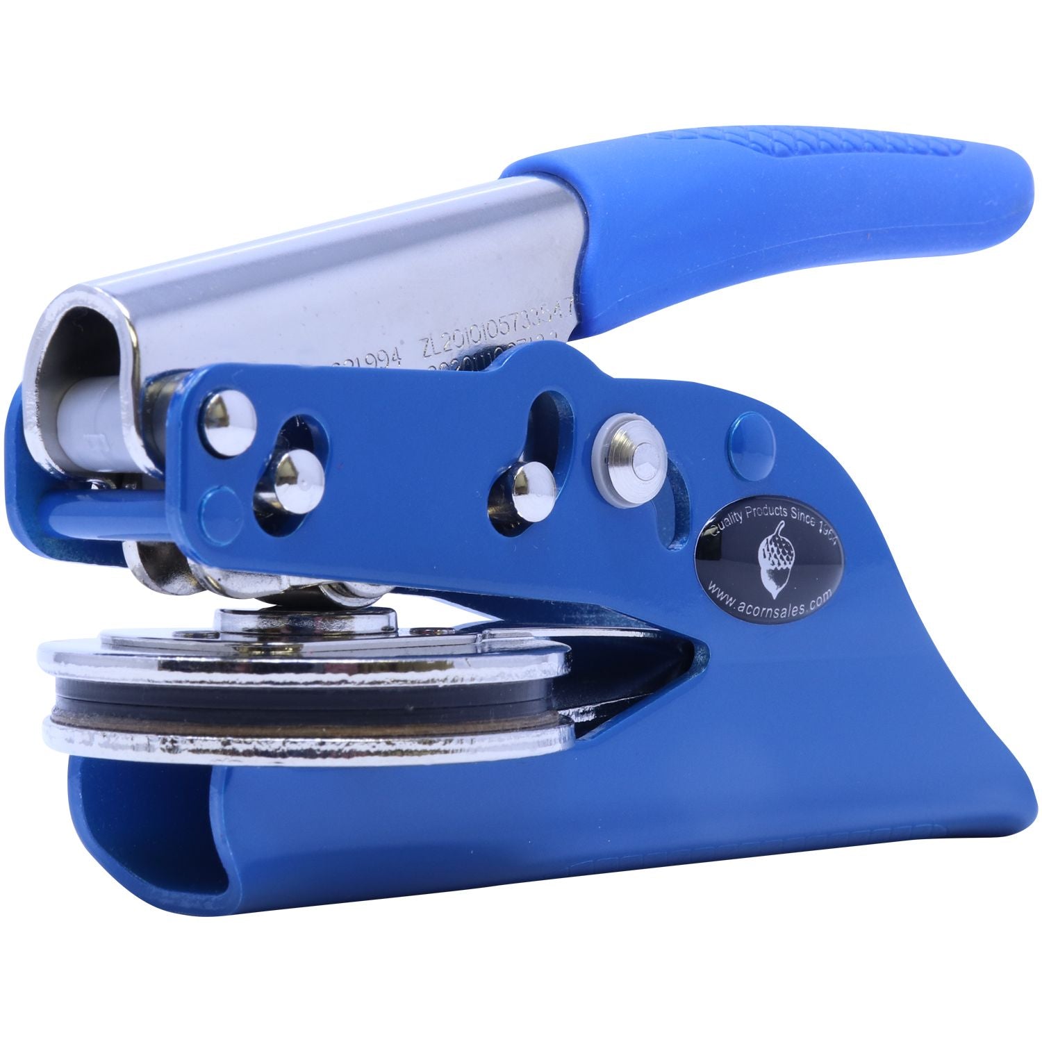 Blue Soft Handheld Notary Seal Embosser with a blue handle and metal components, designed for creating embossed notary seals.