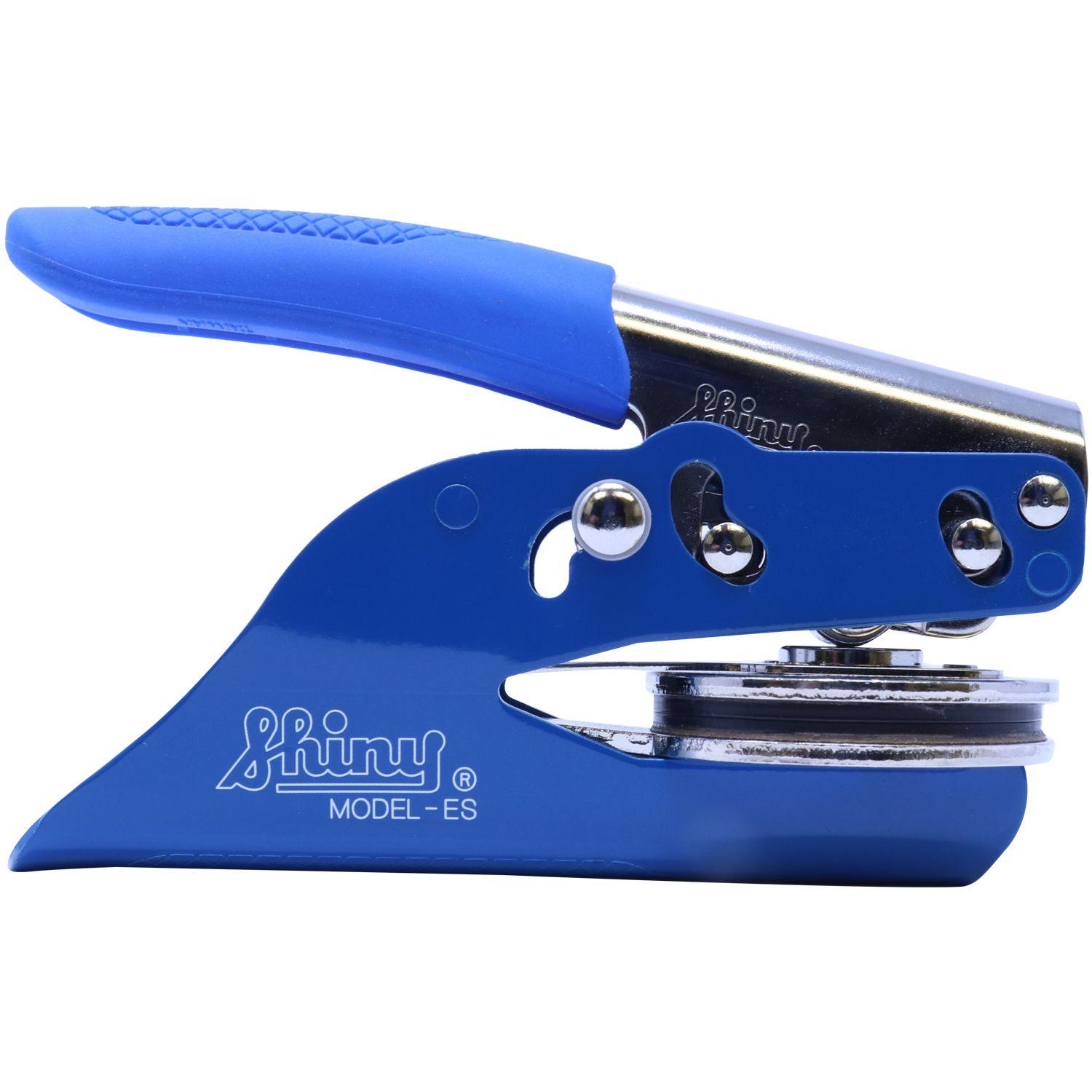 Blue Interior Designer Soft Seal Embosser with ergonomic handle, side view, showing Shiny Model-ES branding and 1-5/8 imprint size.