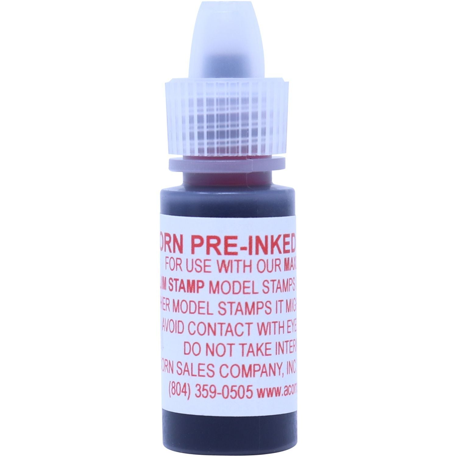 Bottle of 6CC Pre-Inked Slim Maxlight Ink in red, with a white cap and label detailing usage instructions and contact information.