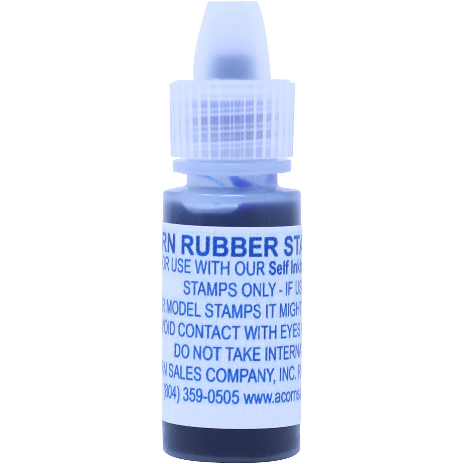 A small bottle of 6CC Refill Rubber Stamp Ink with a blue cap and label, containing blue ink for self-inking stamps.