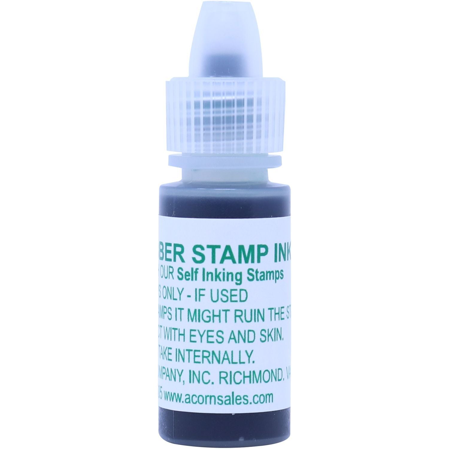 A small bottle of 6CC Refill Rubber Stamp Ink in green with a white cap and label, designed for self-inking stamps.