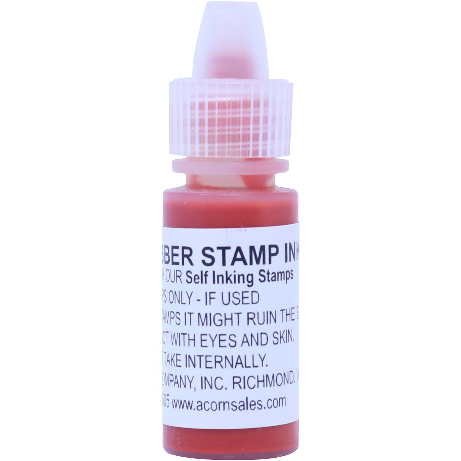 A small bottle of 6CC Refill Rubber Stamp Ink in orange, with a white cap and label displaying usage instructions and company information.