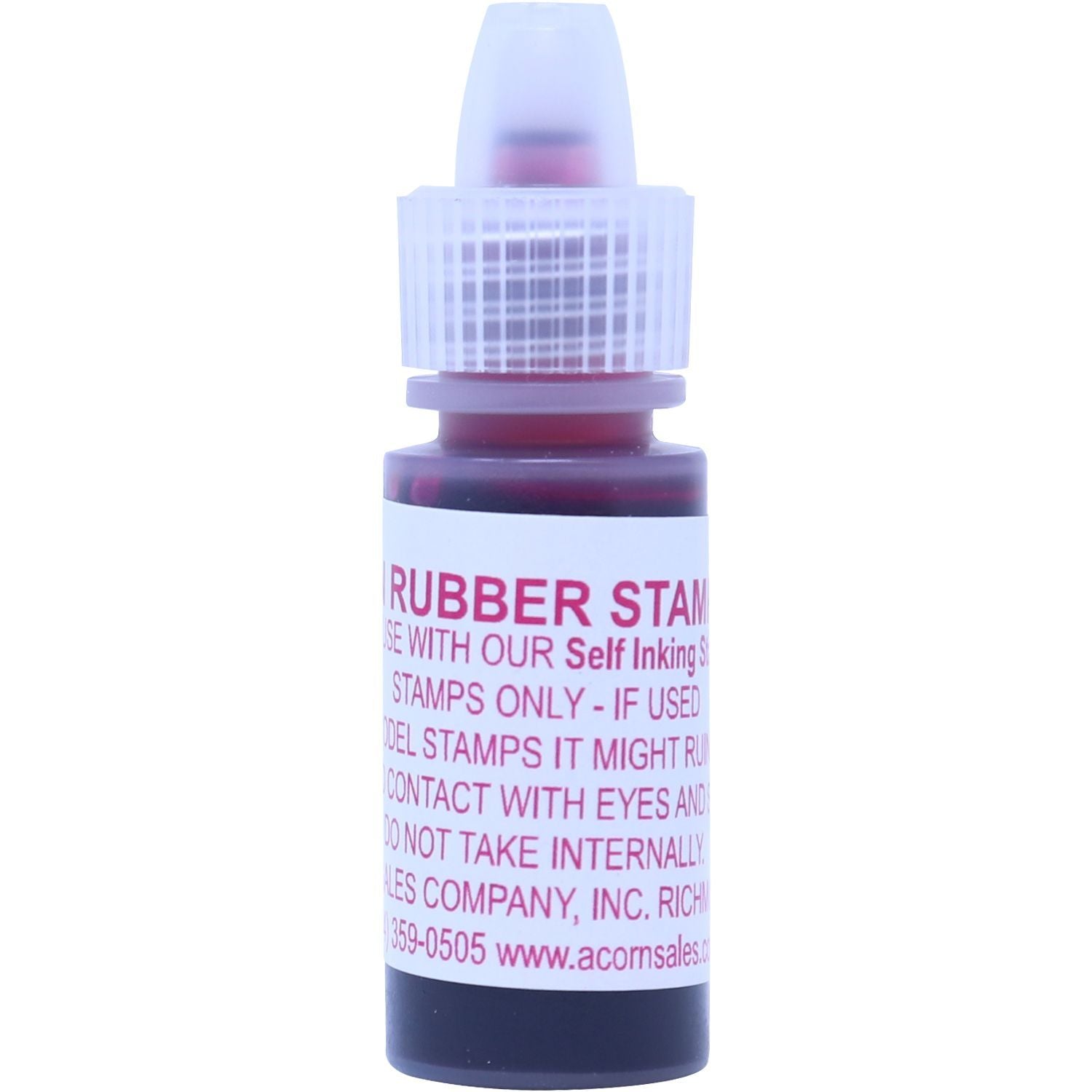 A small bottle of 6CC Refill Rubber Stamp Ink in red with a white cap and label displaying usage instructions.