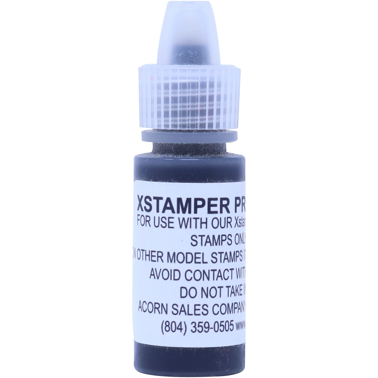 A small bottle of 6CC Xstamper Ink with a white label and black ink, designed for use with Xstamper products.