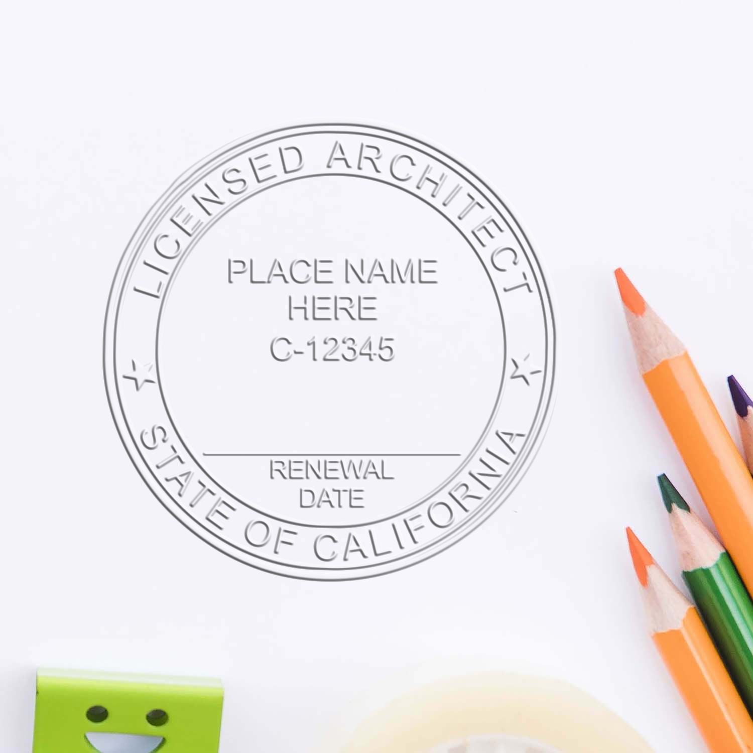 An in use photo of the Hybrid California Architect Seal showing a sample imprint on a cardstock