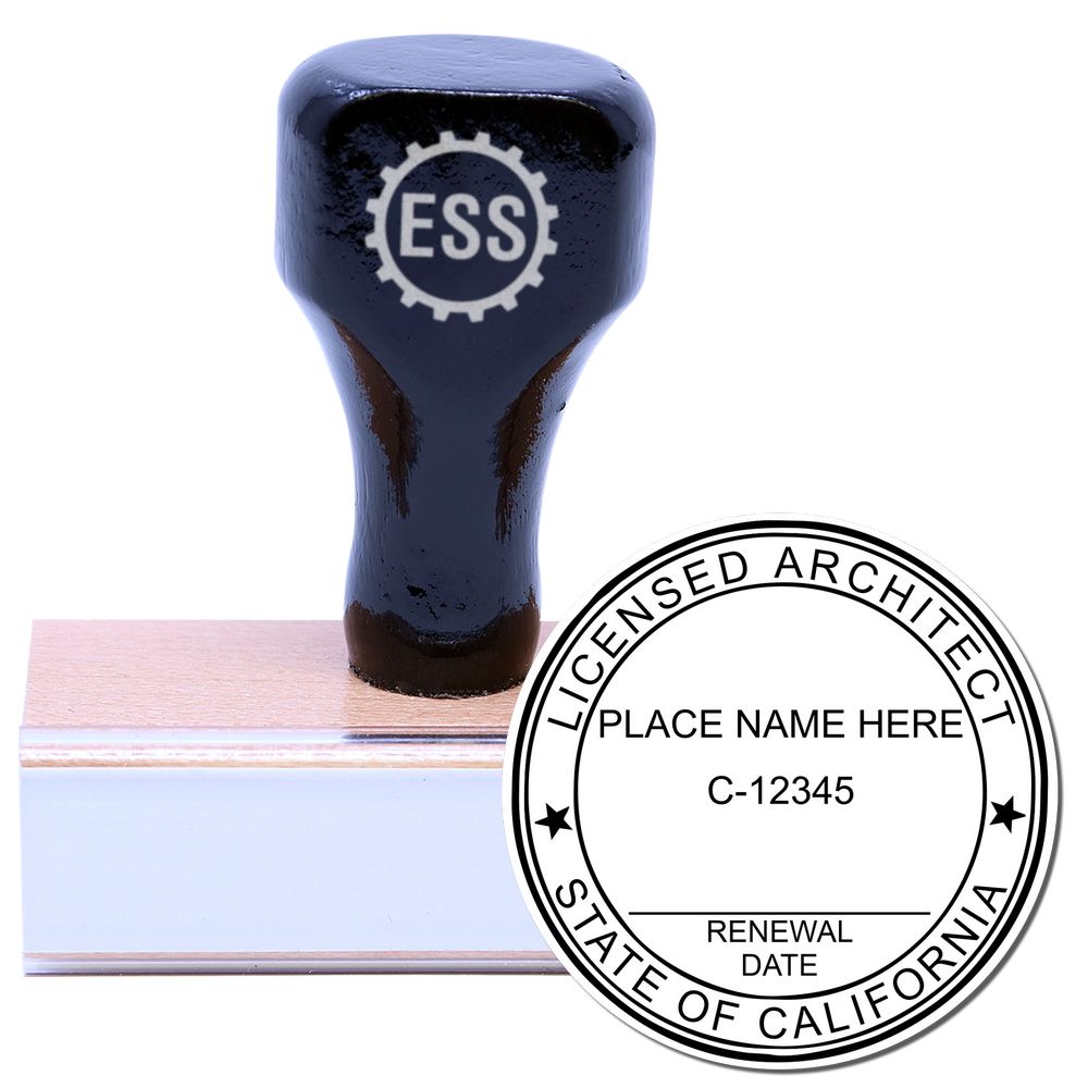 California Architect Seal Stamp with wooden handle and rubber base, featuring a circular design for licensed architects in the state of California.