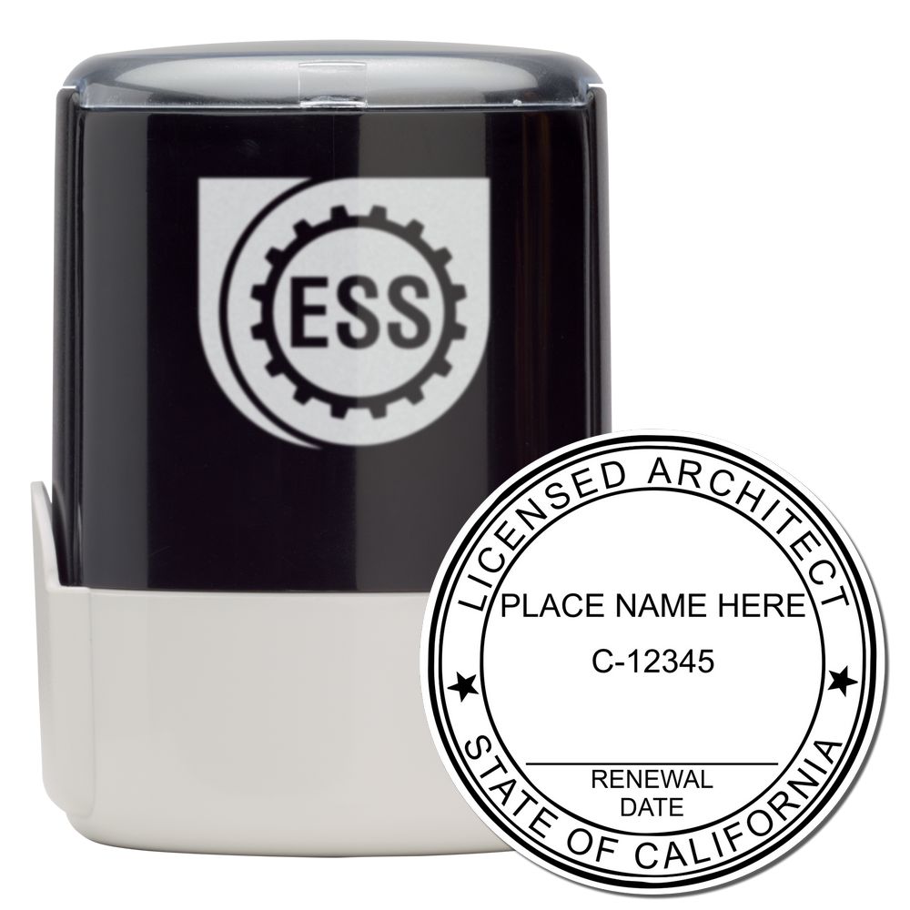 Self Inking California Architect Stamp with ESS logo, black ink, and customizable text for licensed architects in California.