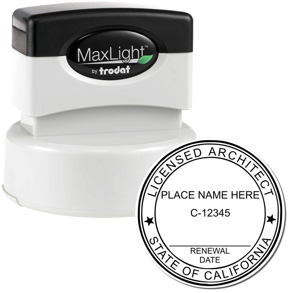 Premium MaxLight Pre-Inked California Architectural Stamp with a black and white design, featuring a customizable licensed architect seal.