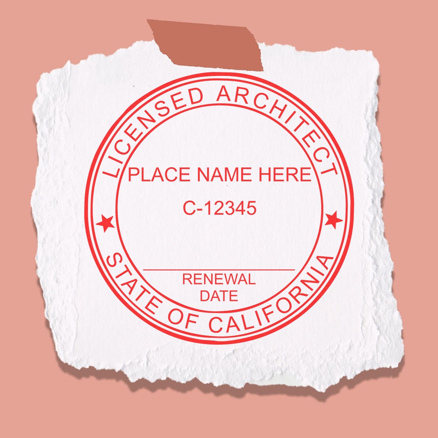 Digital California Architect Stamp, Electronic Seal for California Architect, red circular design on torn white paper background.