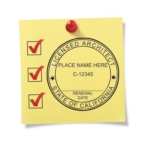 Self Inking California Architect Stamp on a yellow sticky note with three red checkmarks and a red pushpin.