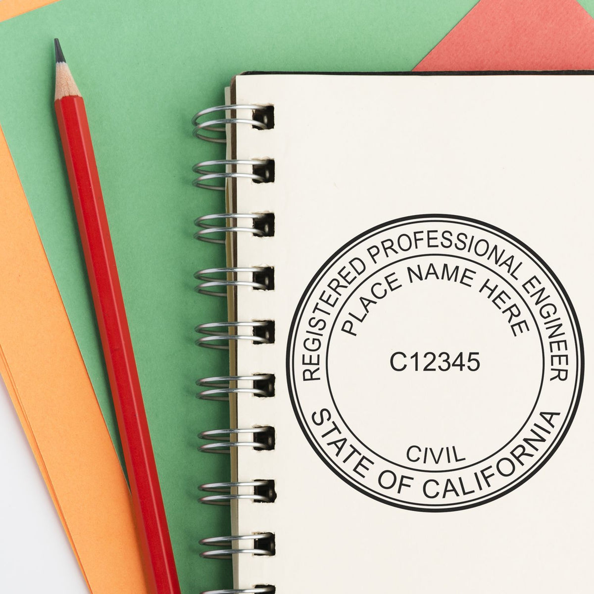 This paper is stamped with a sample imprint of the California Professional Engineer Seal Stamp, signifying its quality and reliability.