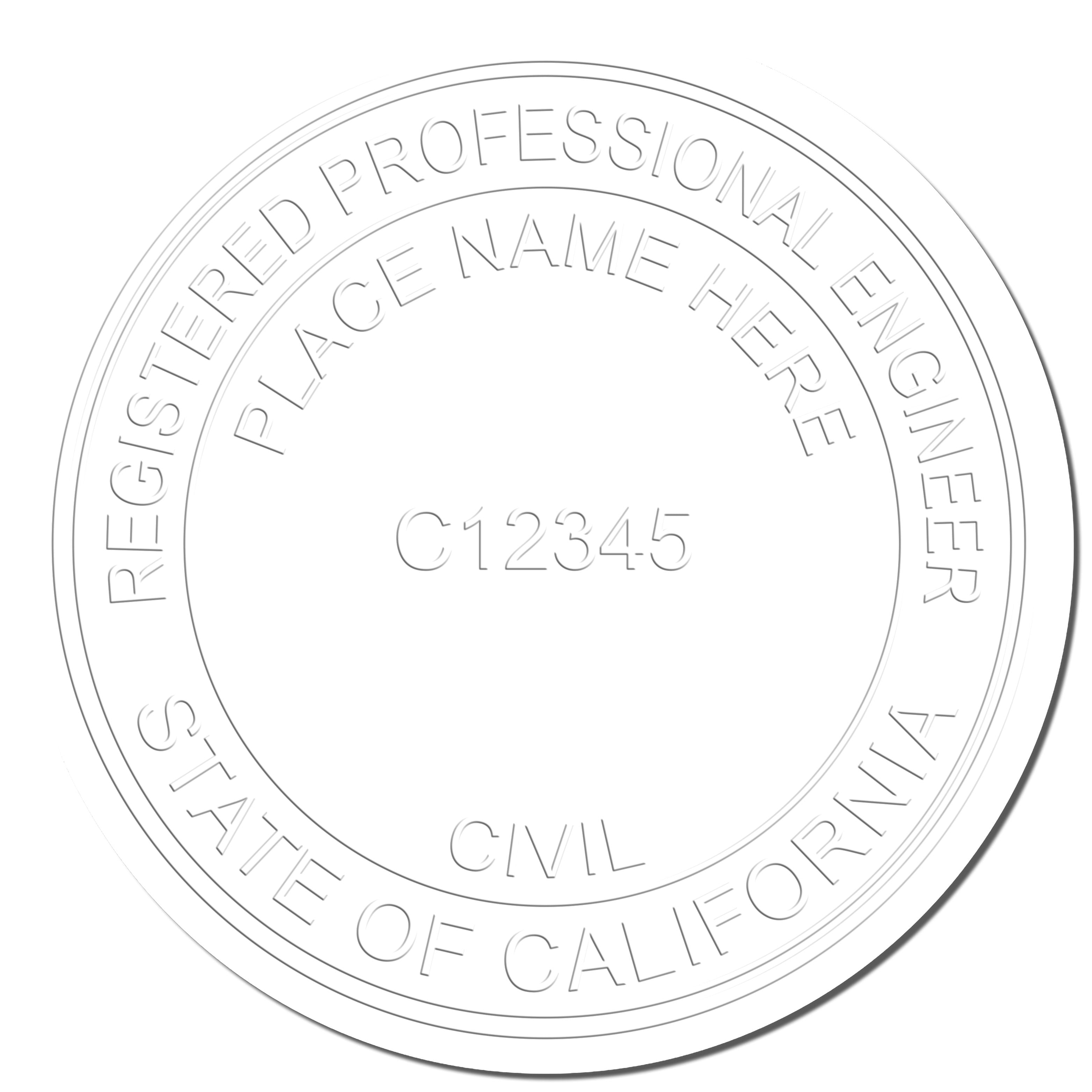 This paper is stamped with a sample imprint of the Heavy Duty Cast Iron California Engineer Seal Embosser, signifying its quality and reliability.