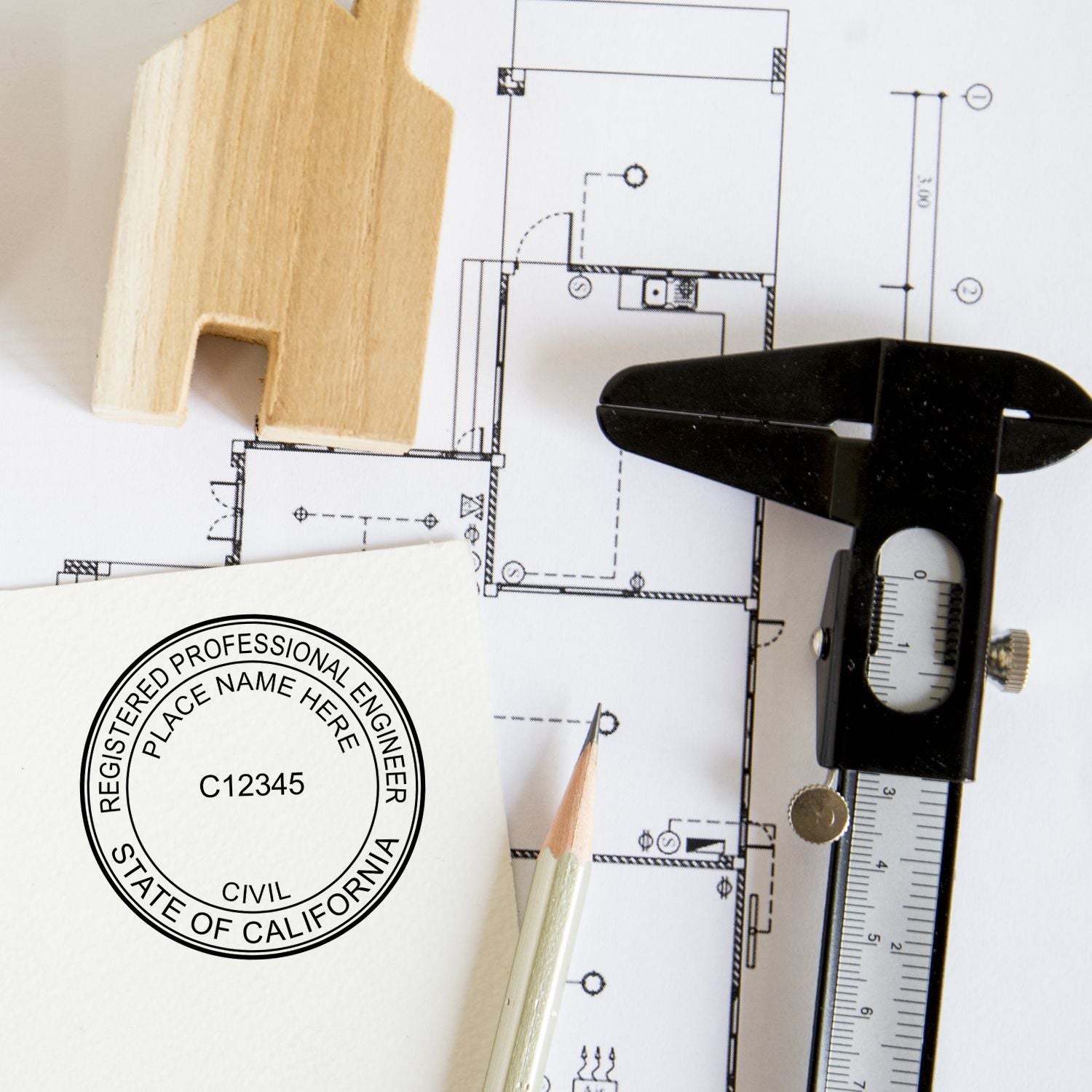 An alternative view of the Digital California PE Stamp and Electronic Seal for California Engineer stamped on a sheet of paper showing the image in use