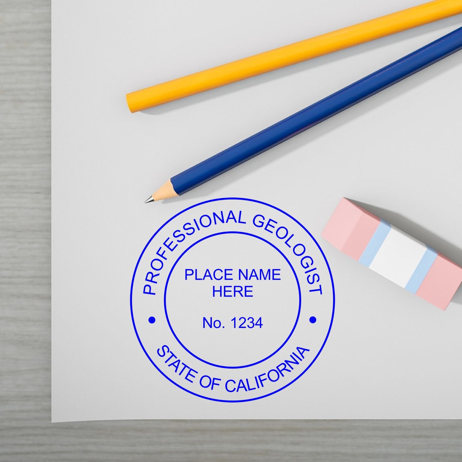 The Slim Pre-Inked California Professional Geologist Seal Stamp impression comes to life with a crisp, detailed image stamped on paper - showcasing true professional quality.