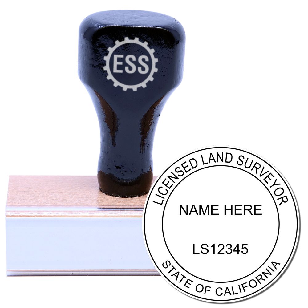 Image of a California Land Surveyor Seal Stamp, CA PLS Stamp with a wooden handle and a sample imprint showing LICENSED LAND SURVEYOR, STATE OF CALIFORNIA.