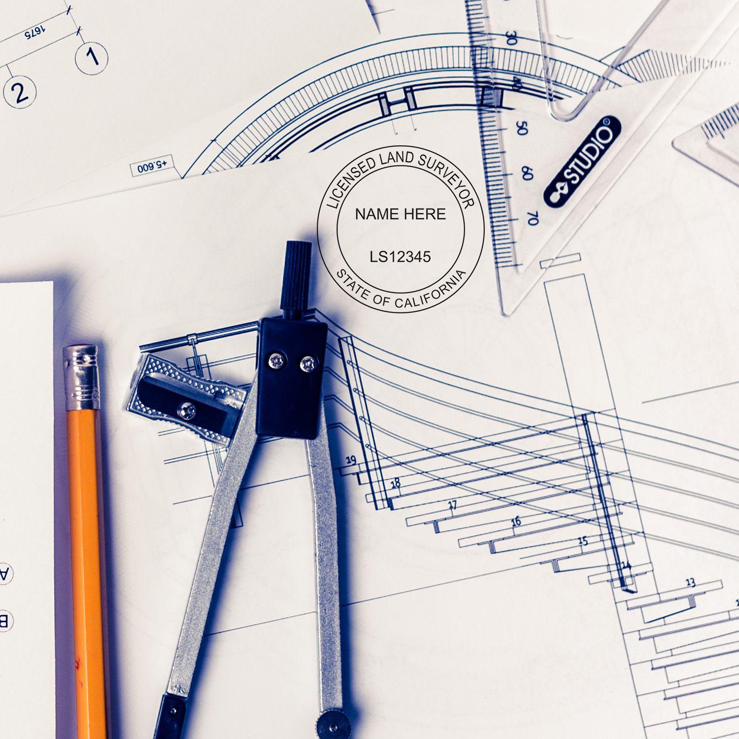 Digital California Land Surveyor Stamp, Electronic Seal for California Land Surveyor on technical drawings with drafting tools.