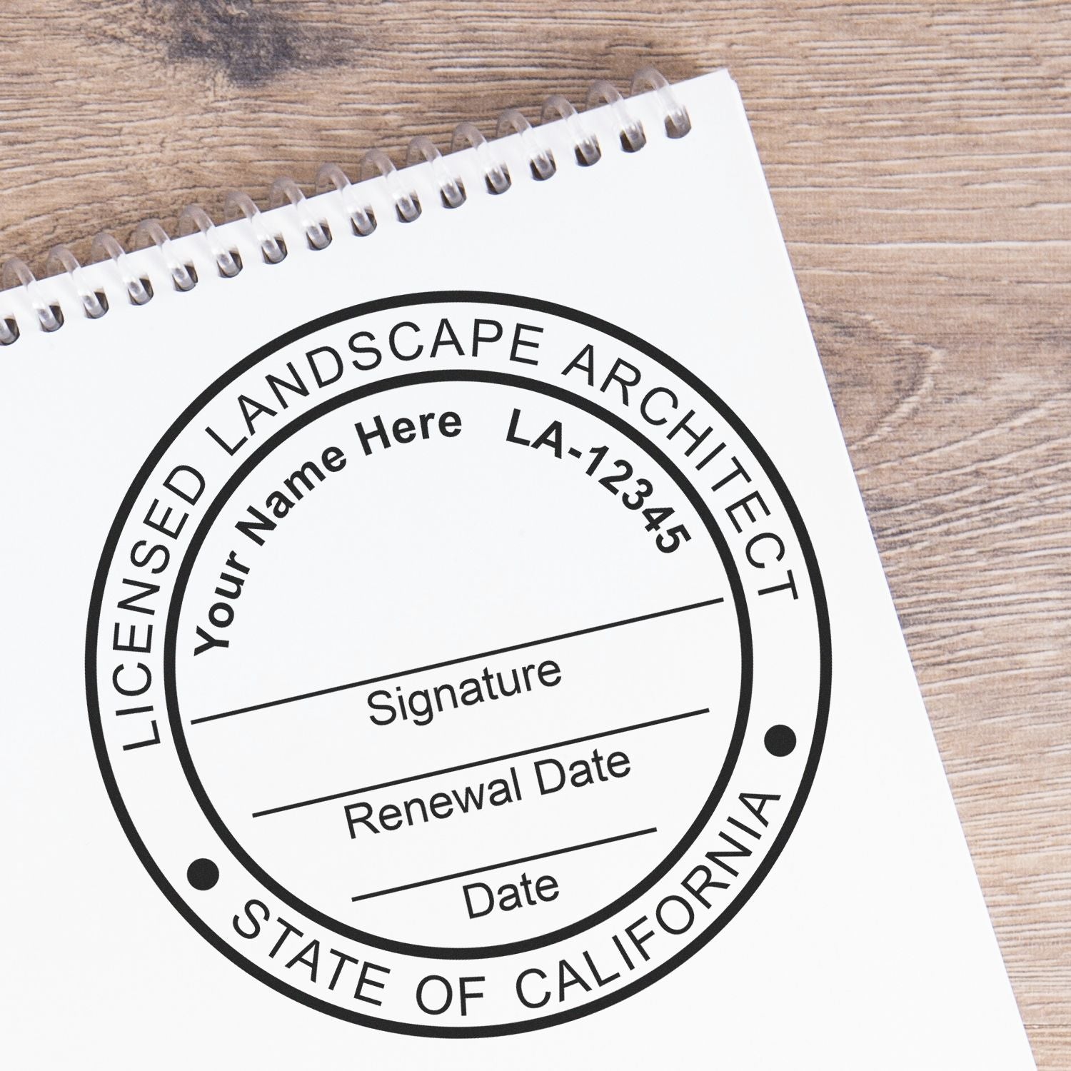 Slim Pre-Inked California Landscape Architect Seal Stamp in use photo showing a stamped imprint of the Slim Pre-Inked California Landscape Architect Seal Stamp