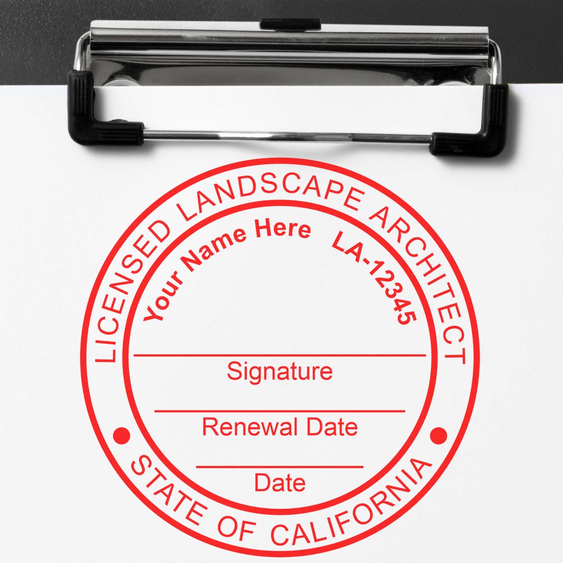 A stamped impression of the Self-Inking California Landscape Architect Stamp in this stylish lifestyle photo, setting the tone for a unique and personalized product.