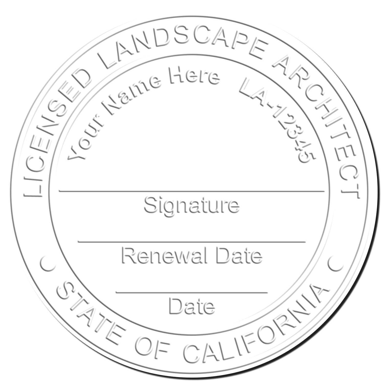 This paper is stamped with a sample imprint of the California Desk Landscape Architectural Seal Embosser, signifying its quality and reliability.