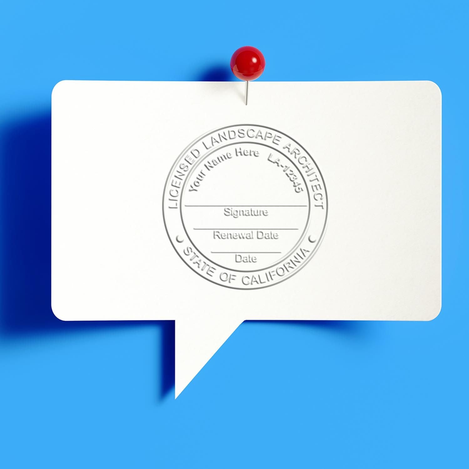 An alternative view of the Hybrid California Landscape Architect Seal stamped on a sheet of paper showing the image in use