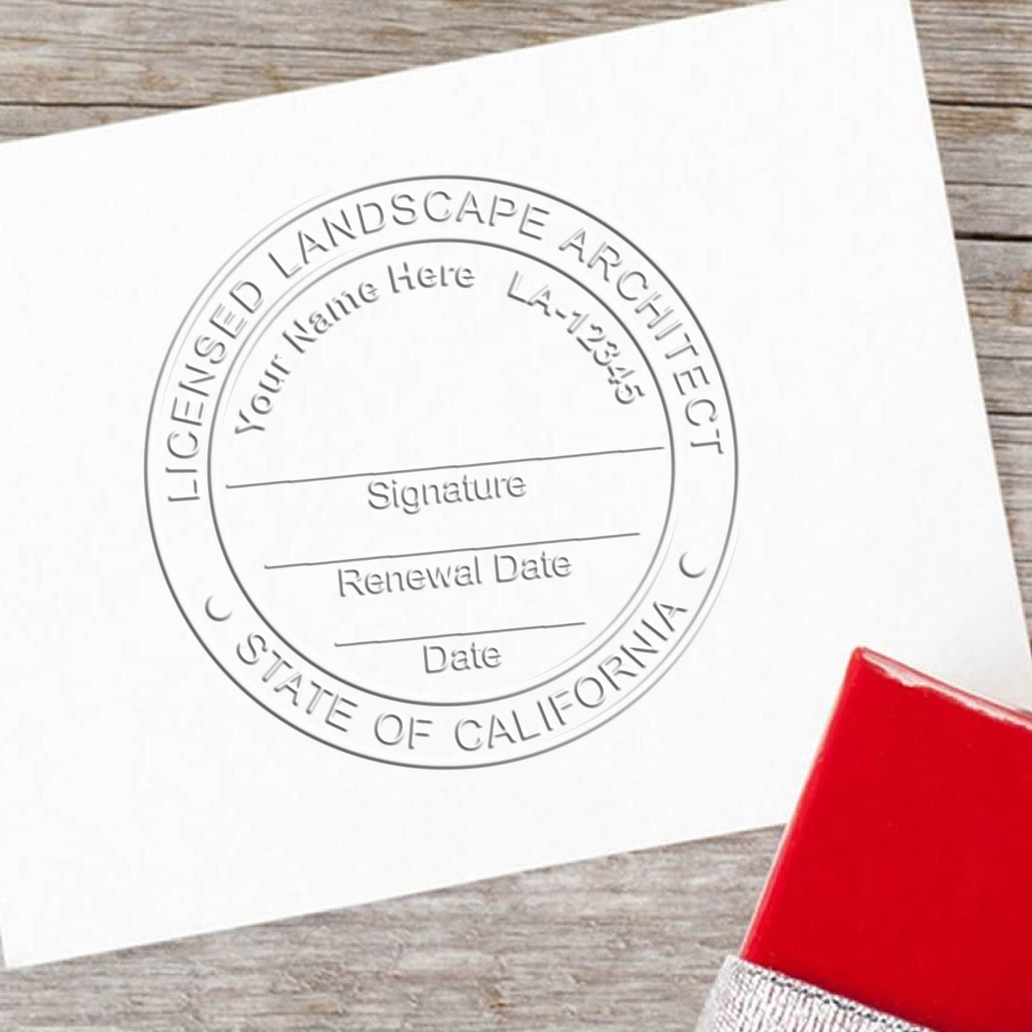 The California Desk Landscape Architectural Seal Embosser stamp impression comes to life with a crisp, detailed photo on paper - showcasing true professional quality.