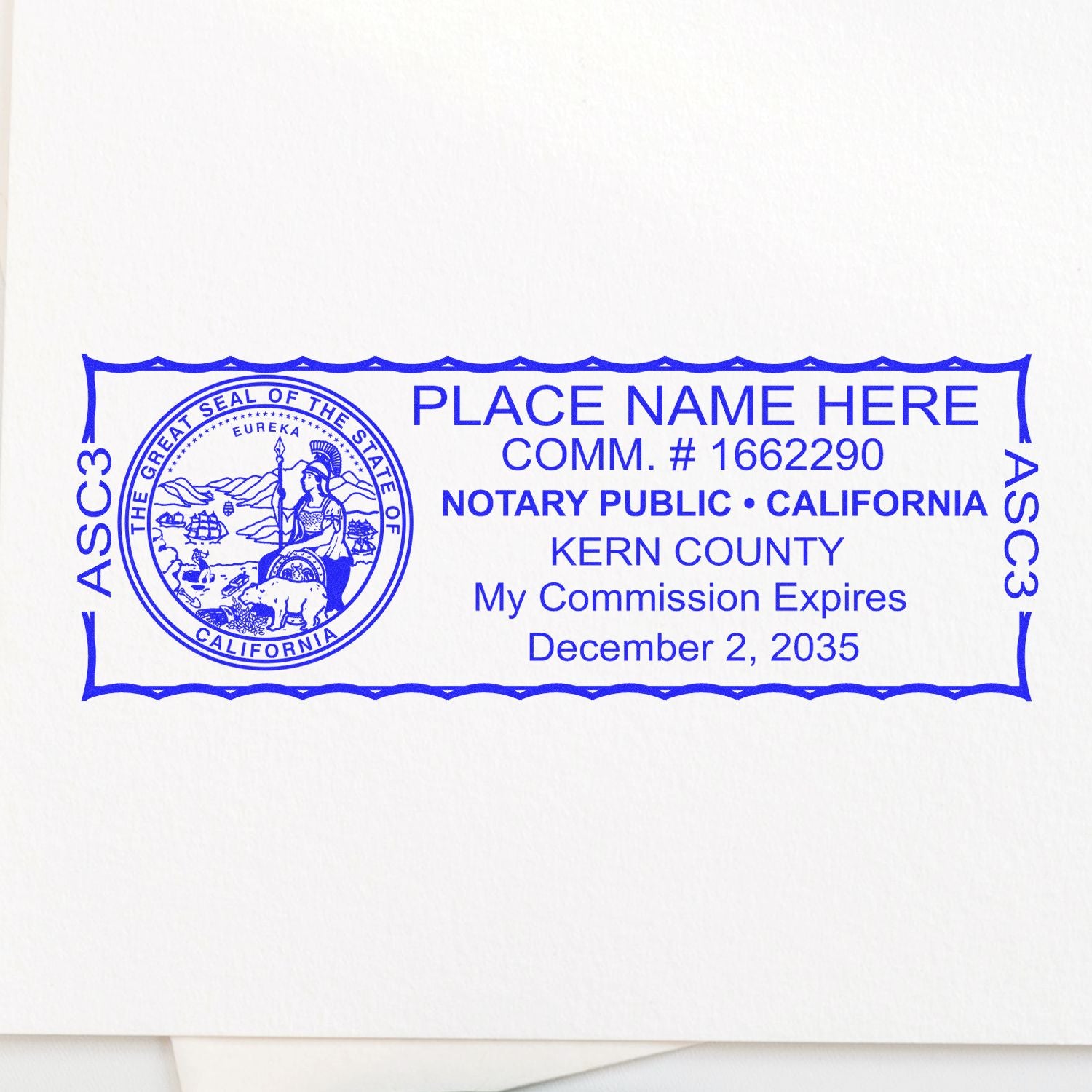 A photograph of the Heavy-Duty California Rectangular Notary Stamp stamp impression reveals a vivid, professional image of the on paper.