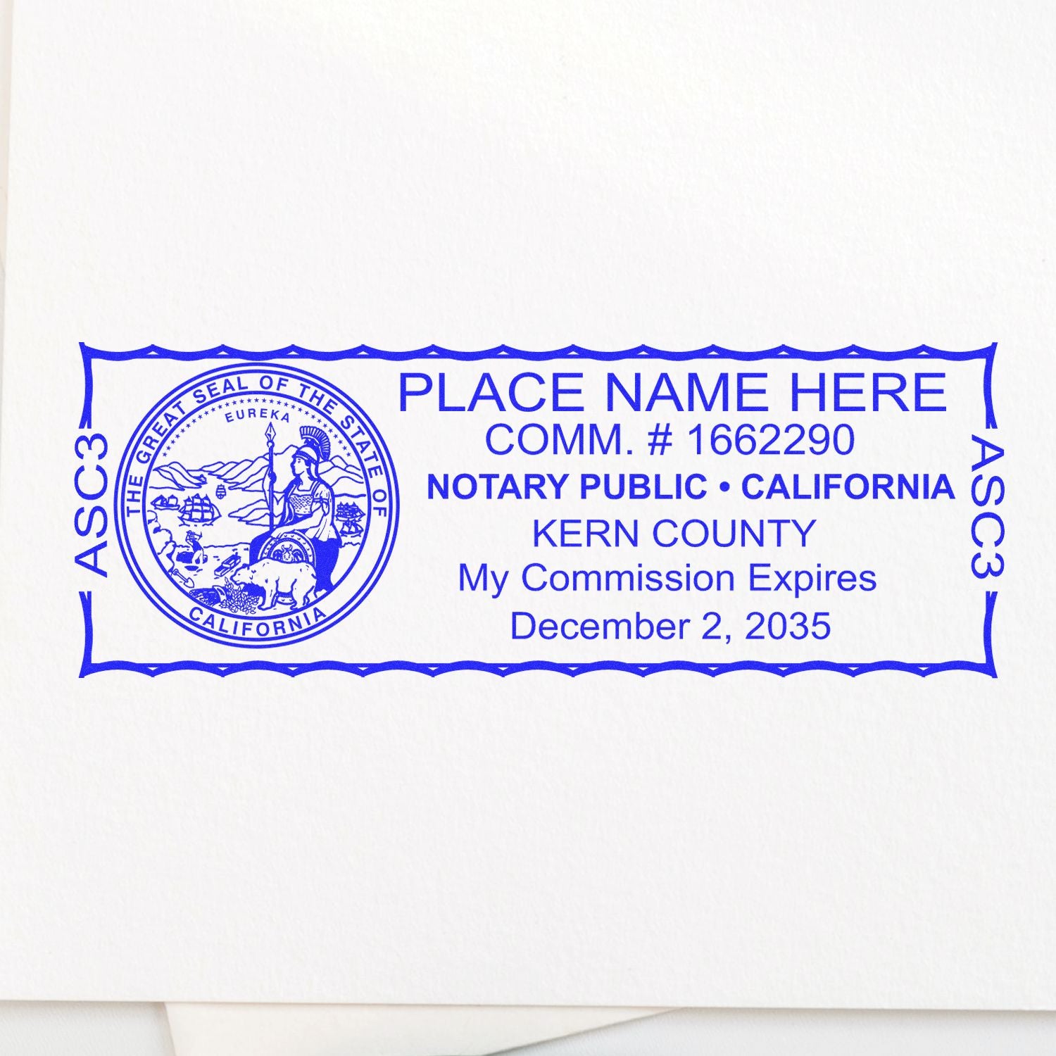 This paper is stamped with a sample imprint of the Slim Pre-Inked State Seal Notary Stamp for California, signifying its quality and reliability.