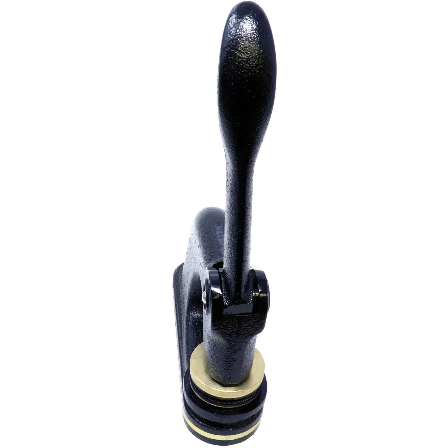 Engineering Geologist Cast Iron Desk Seal Embosser in black, shown from a front top view angle, featuring a long handle and a sturdy base with a brass seal.