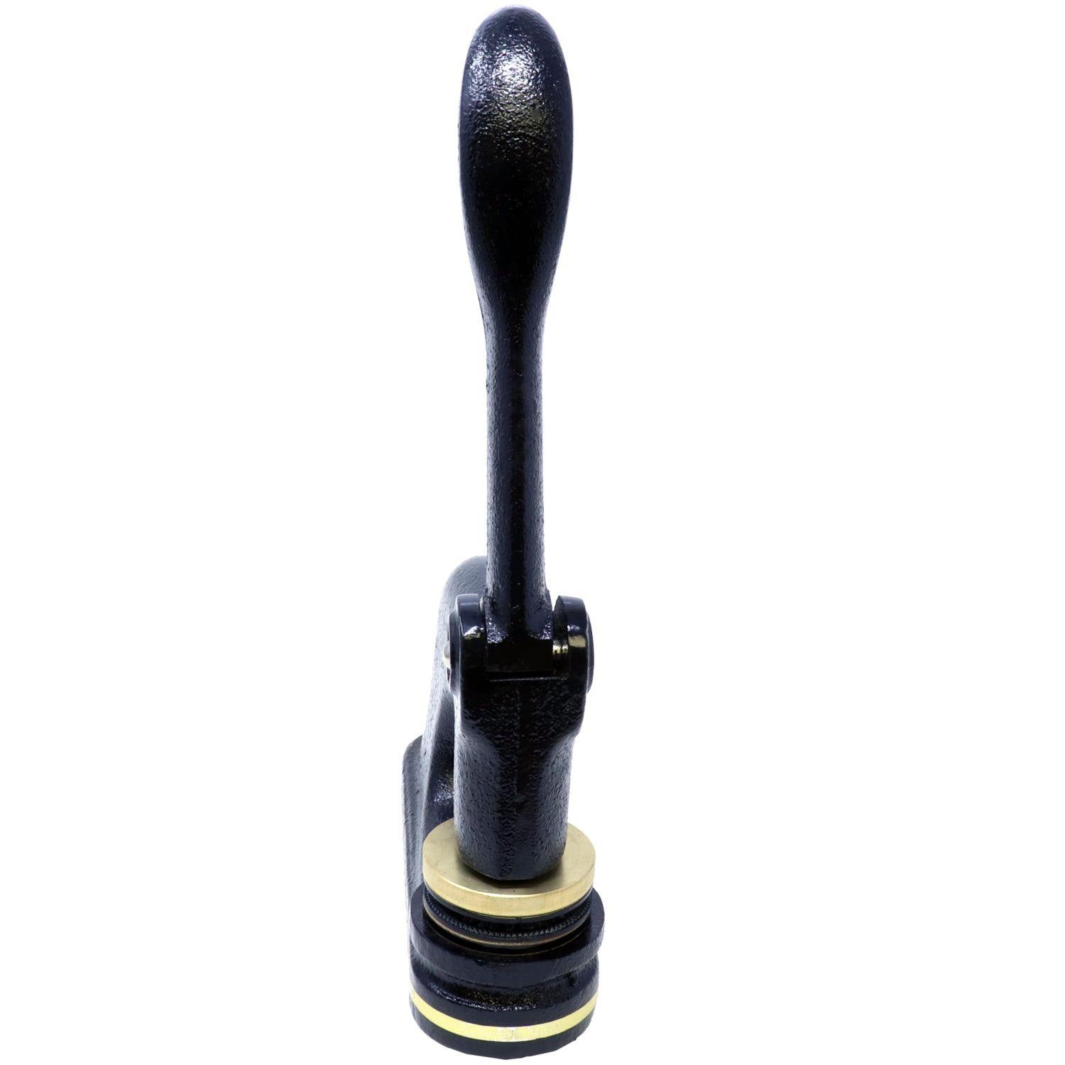 Front view of the Engineering Geologist Cast Iron Desk Seal Embosser, featuring a sturdy black cast iron handle and a brass embossing plate at the base.