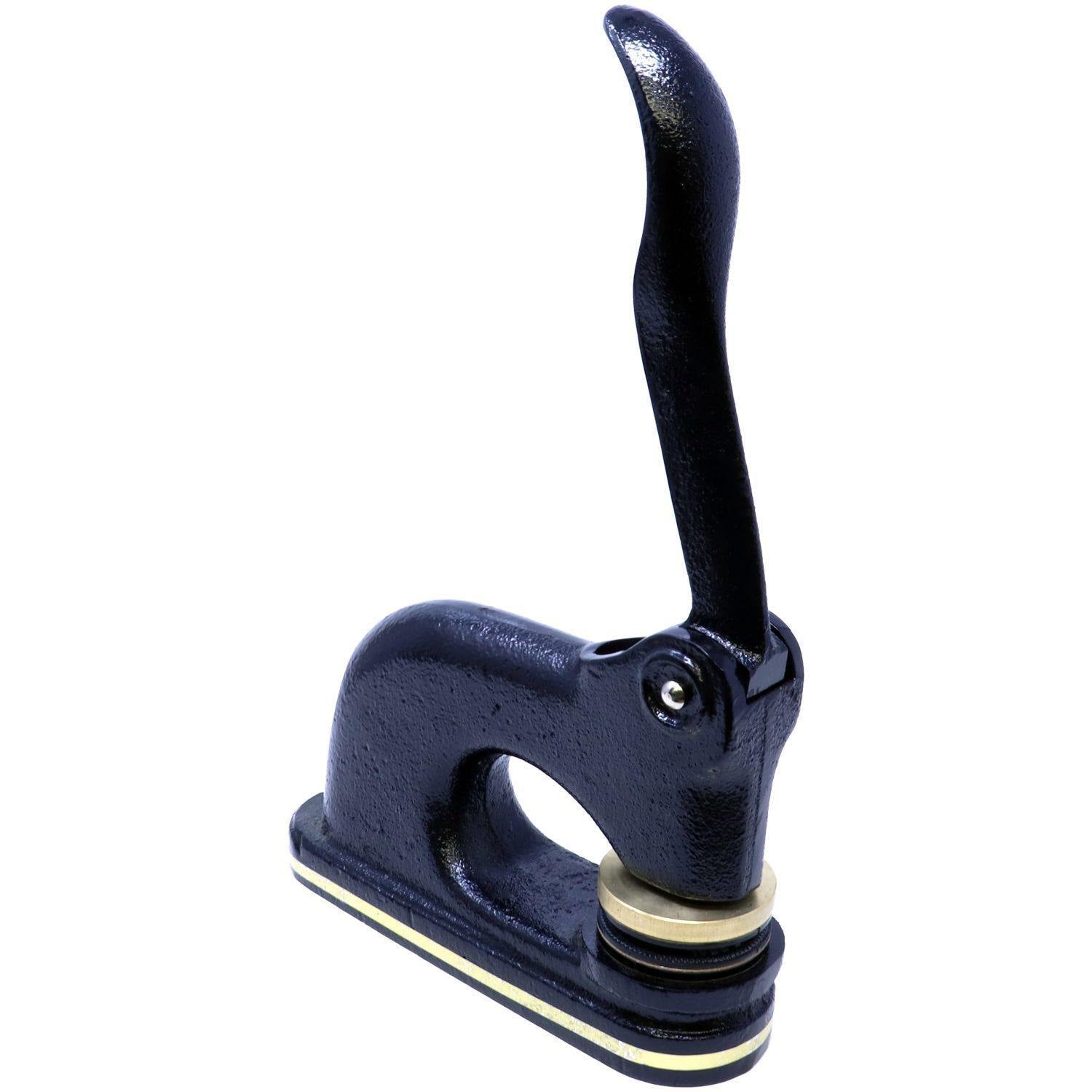 Forester Cast Iron Desk Seal Embosser in black, shown from a side-right angle, with a sturdy handle and a brass embossing plate.