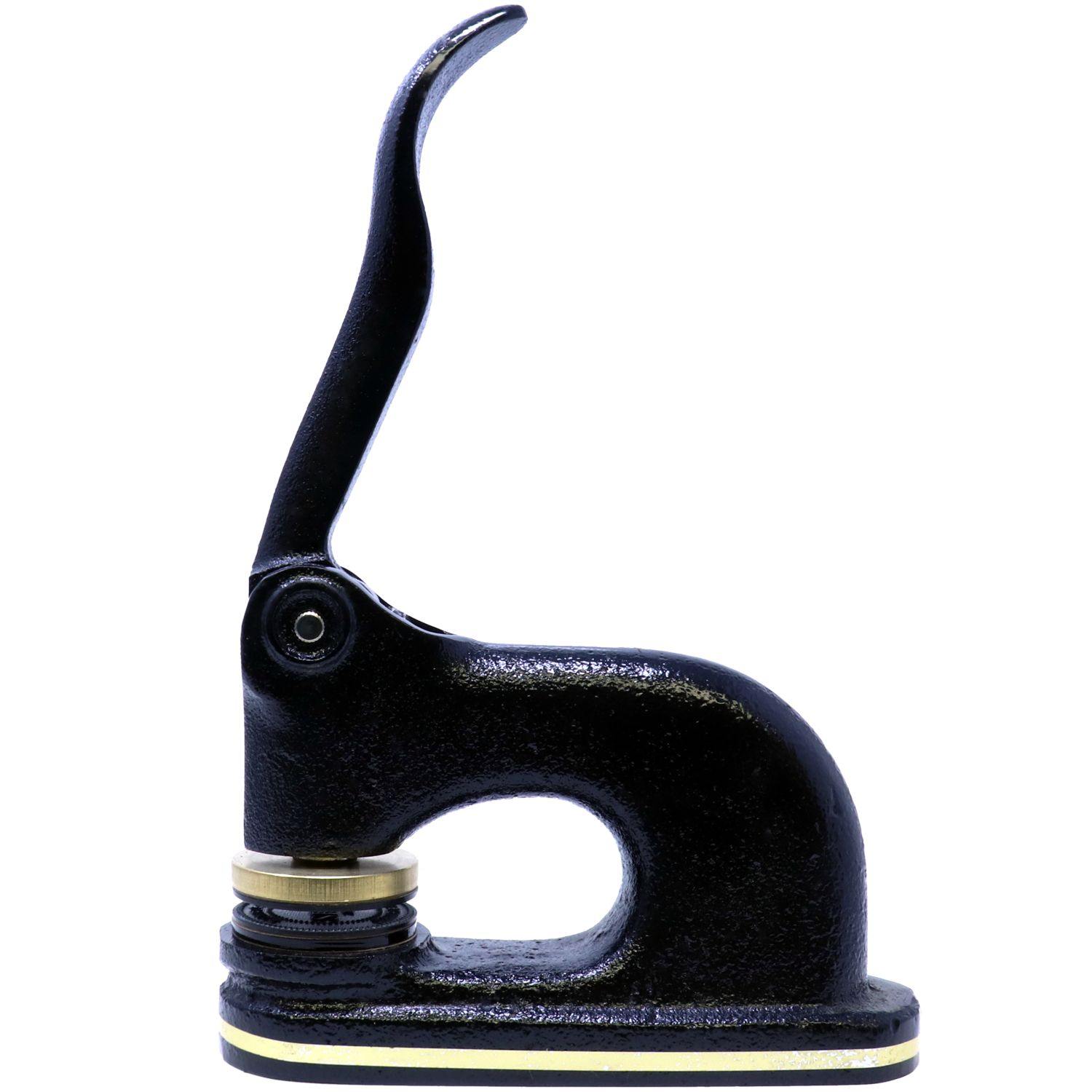 Forester Cast Iron Desk Seal Embosser in black, side view showing the lever and base, designed for embossing documents with a professional finish.