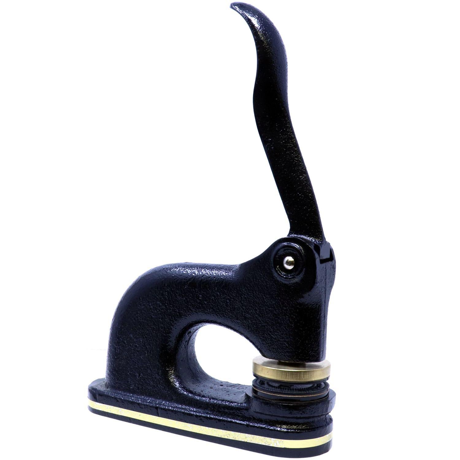 Architect Cast Iron Desk Seal Embosser in black with a curved handle and brass accents, designed for embossing documents. The embosser is shown from the side, highlighting its sturdy construction and elegant design.