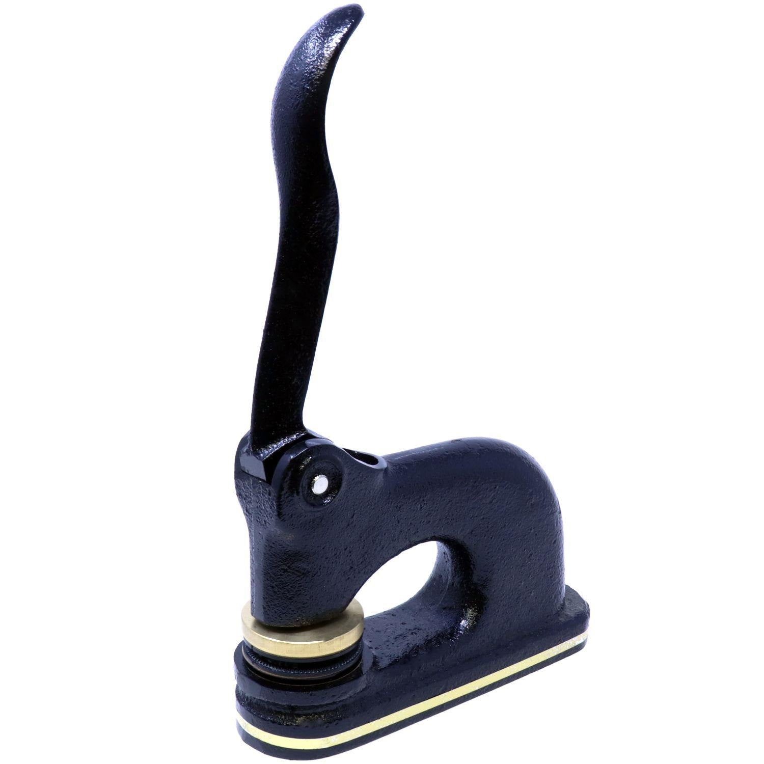 Professional Cast Iron Desk Seal Embosser in black, angled side view, with a long handle & brass accents, for embossing docs.