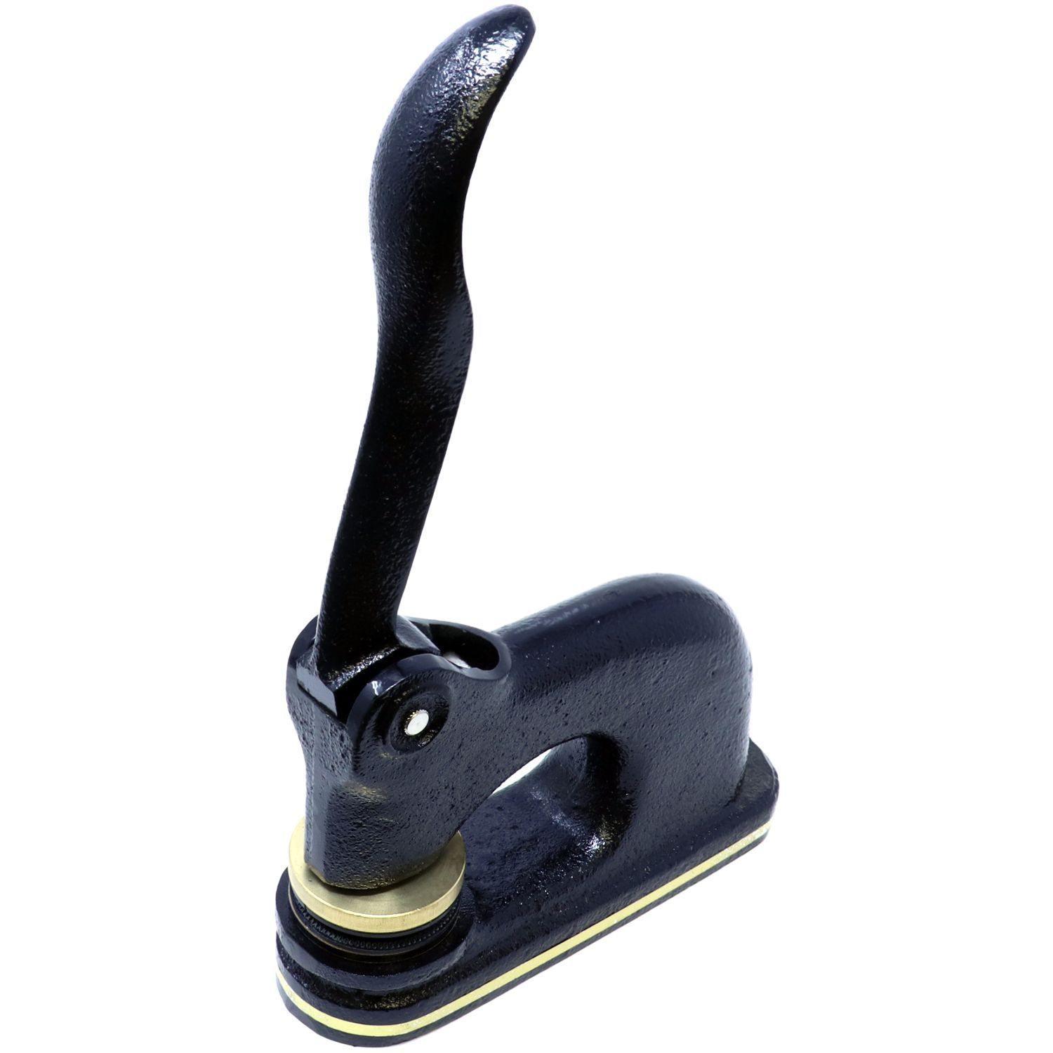 Forester Cast Iron Desk Seal Embosser in black, shown from a top view angle, featuring a sturdy handle and a brass-colored base.