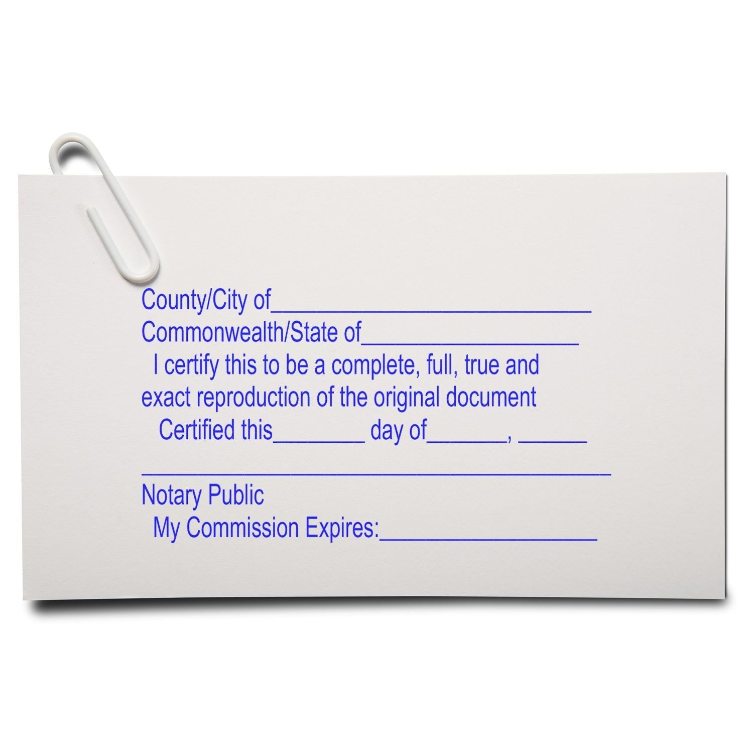 A Regular Notary Certified Copy Stamp imprint on a white paper with blue text, attached with a paperclip.