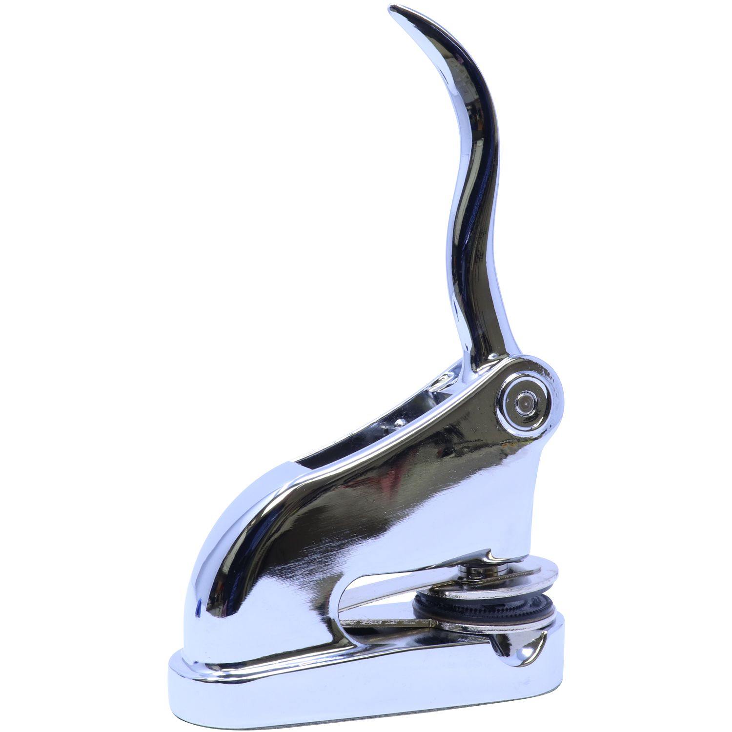 Public Weighmaster Chrome Gift Seal Embosser, angled back-side view, shiny chrome finish, lever raised, 1-5/8 imprint size.