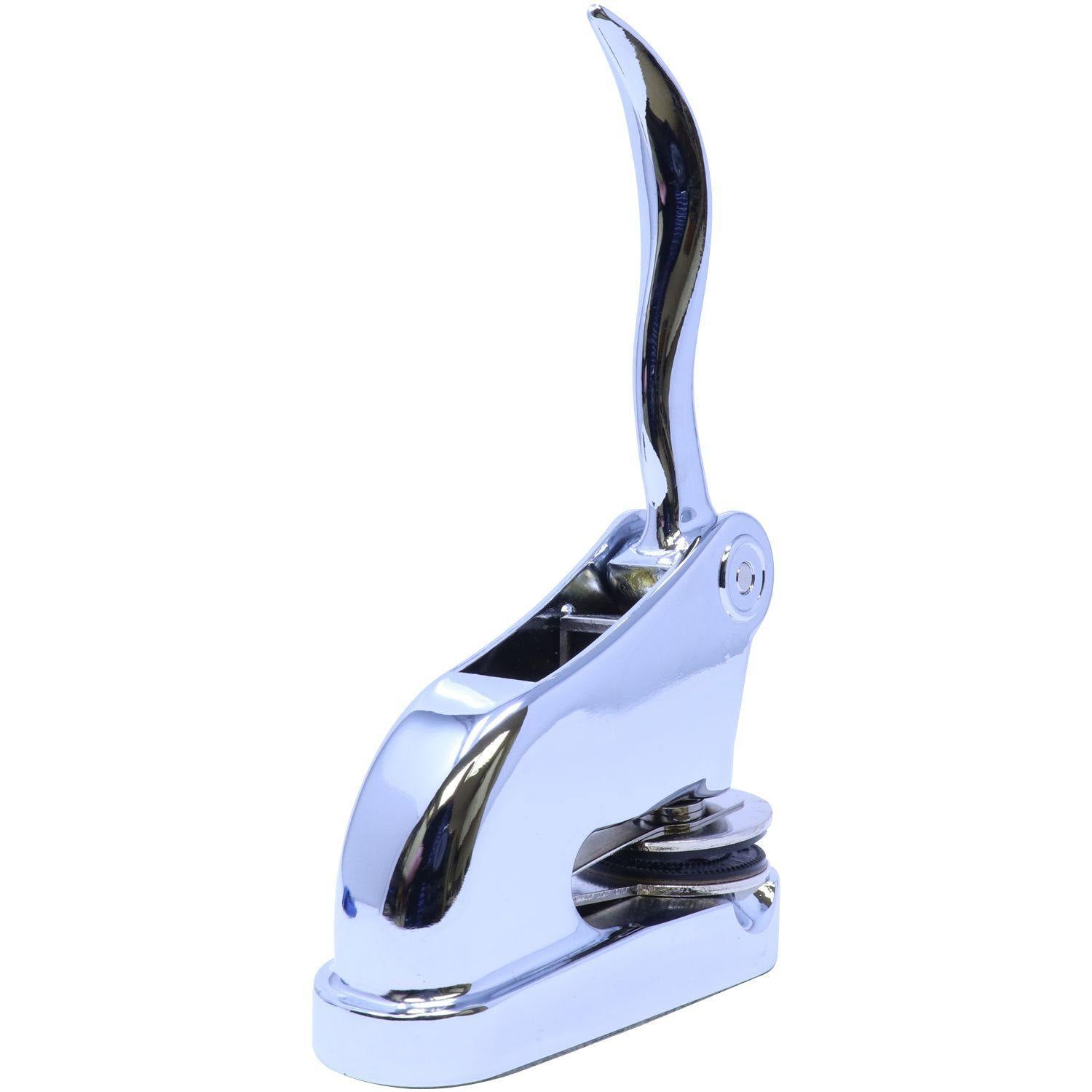 Geologist Chrome Gift Seal Embosser with a sleek, shiny finish, angled right-back view, showcasing the handle and embossing mechanism.