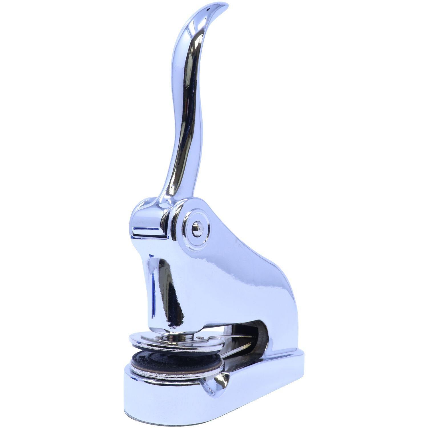 Public Weighmaster Chrome Gift Seal Embosser with a sleek, shiny finish and ergonomic handle, angled right view.